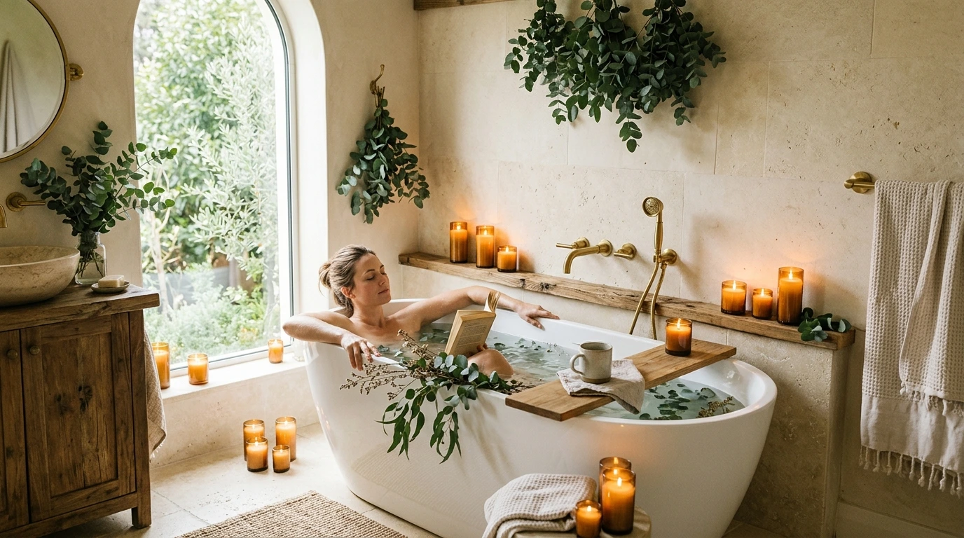 Rituel bien-être à la maison, ambiance calme et chaleureuse