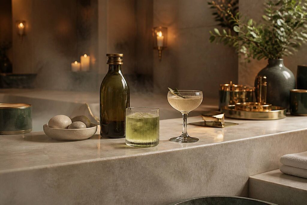 Comptoir élégant de bar avec des verres à cocktail et des touches de laiton