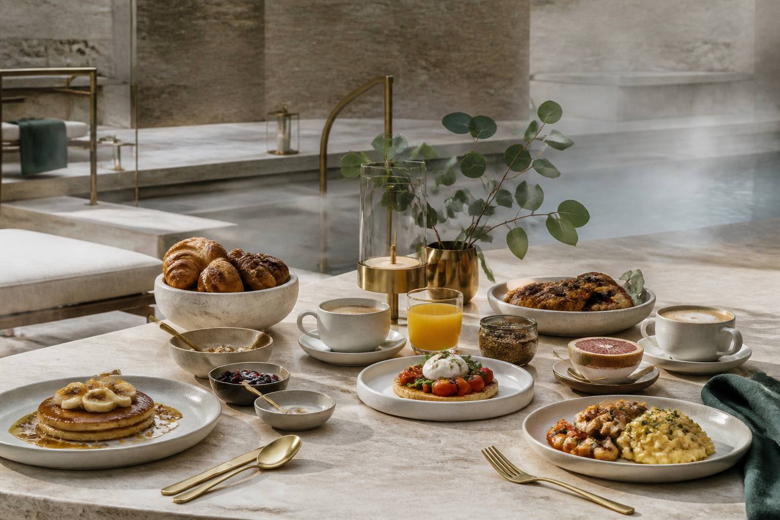 Table de brunch généreux avec œufs, pancakes et café de spécialité