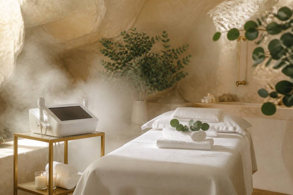 Cabine de soin esthétique avec table de massage et appareil à ultrasons