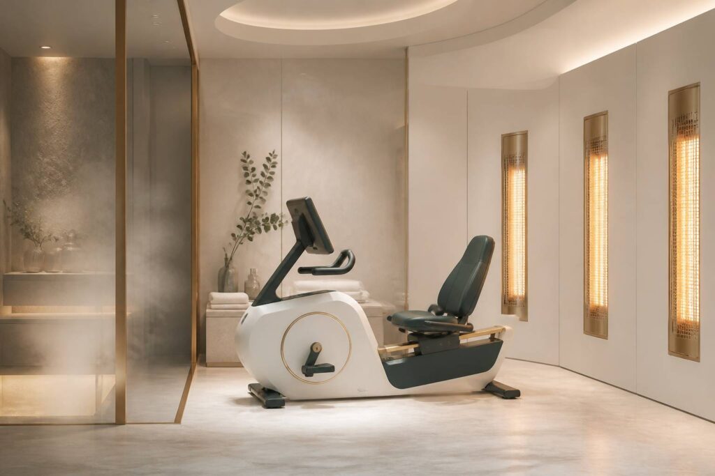 Cabine de soin minceur Infraslim avec vélo semi-allongé et panneaux chauffants infrarouges dans une salle apaisante