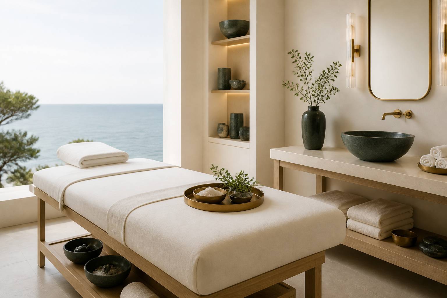 Cabine de soin spa avec serviettes blanches et bols en pierre