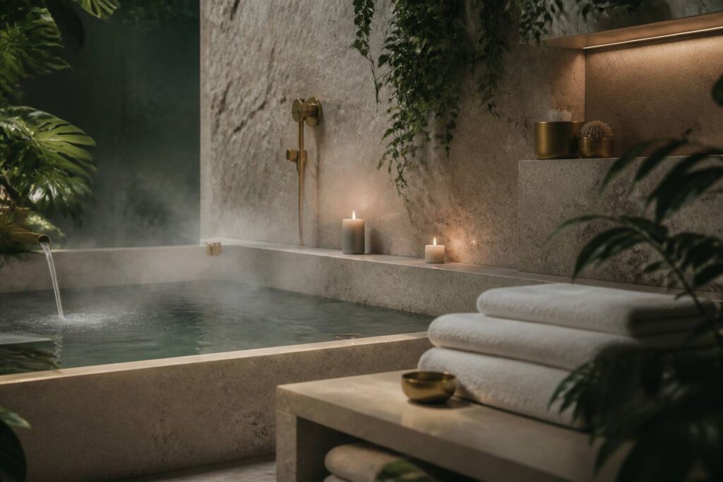 Cabine de spa en pierre claire avec serviettes blanches et bougies