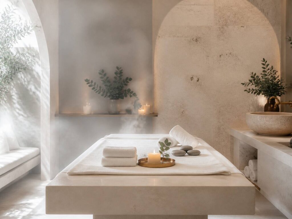 Cabine de spa minérale avec table de massage en pierre, serviettes chaudes roulées et bougie allumée