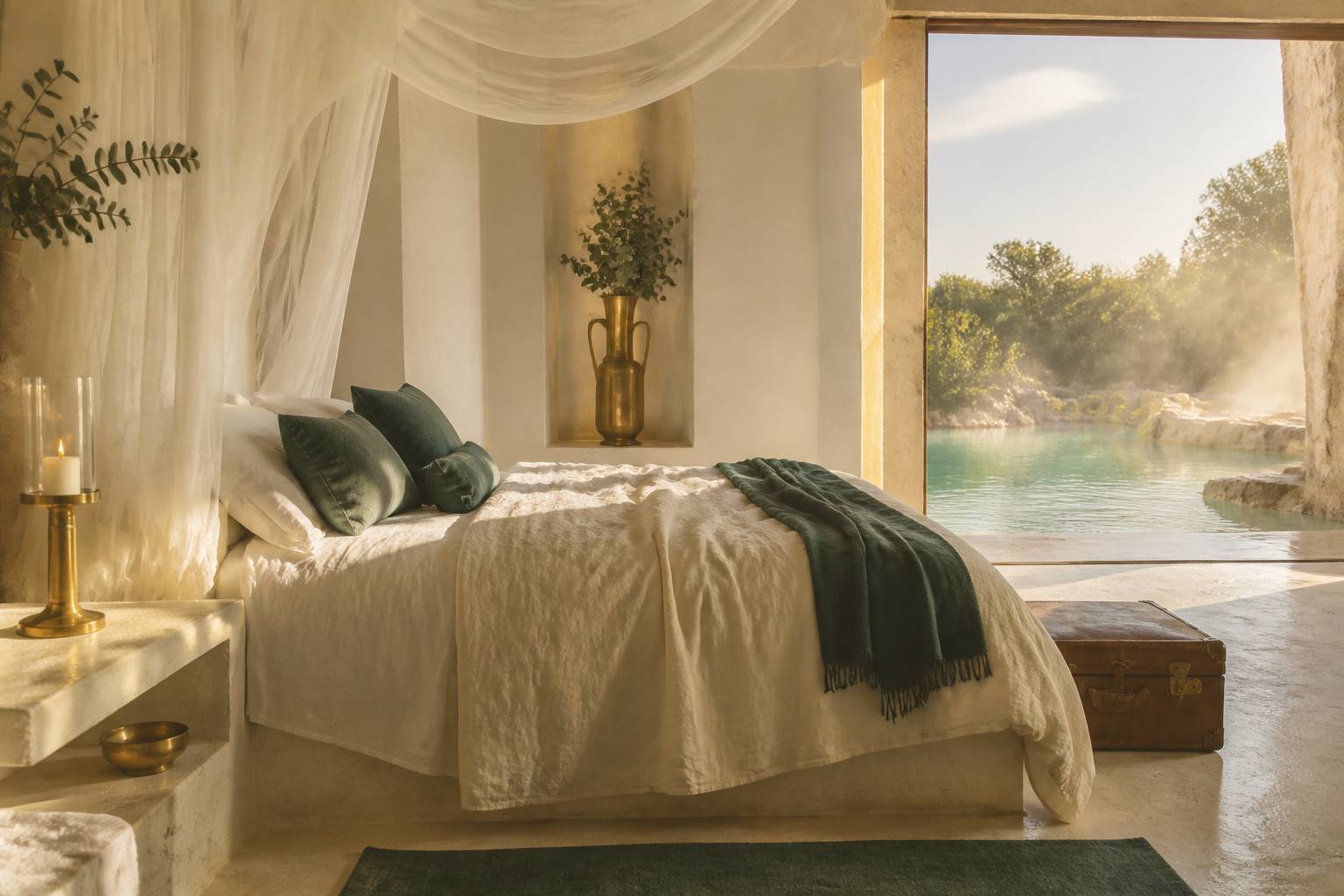 Chambre apaisante avec lit en lin et vue sur la lagune
