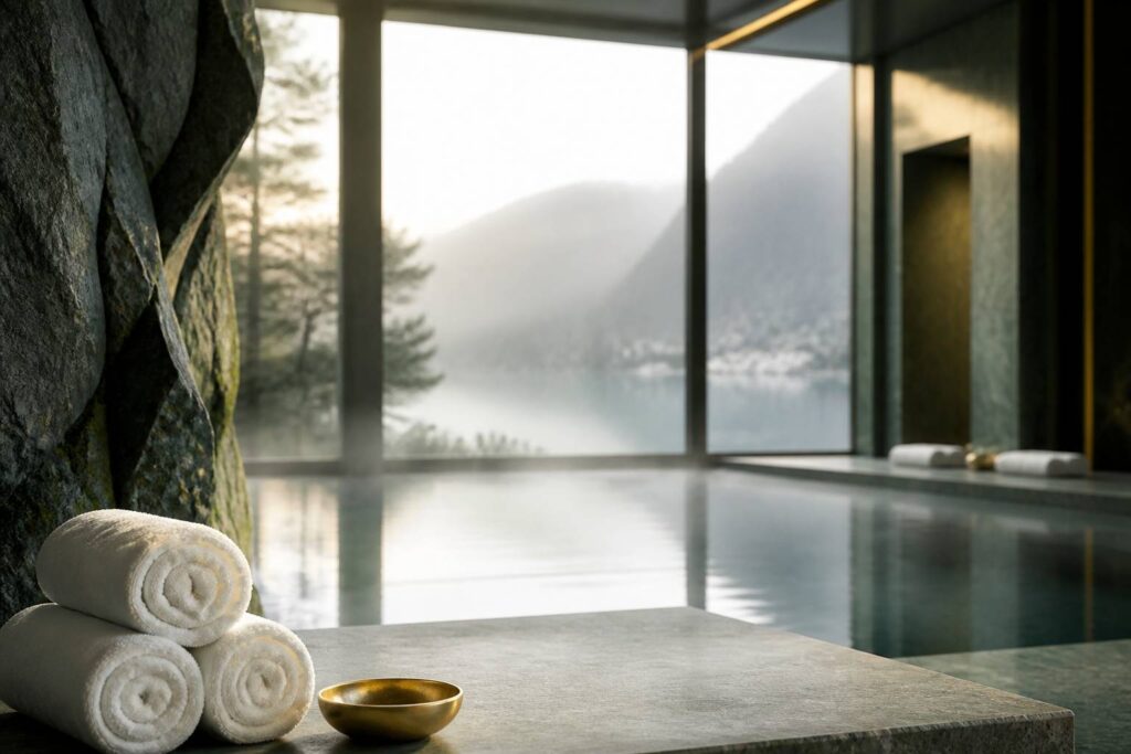 Spa de luxe avec piscine intérieure face à un lac alpin