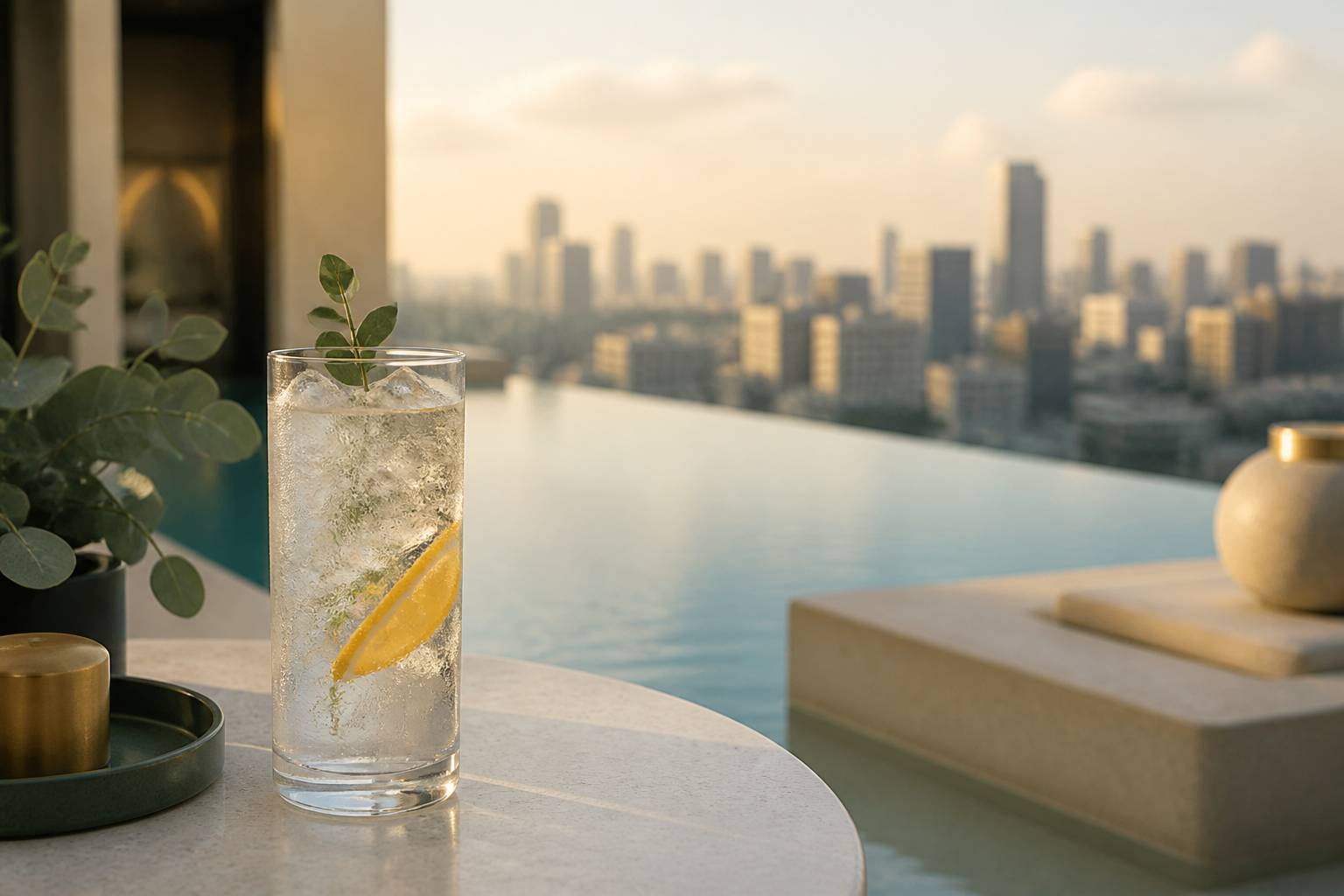 Cocktail sur une table de rooftop avec piscine et vue sur la ville