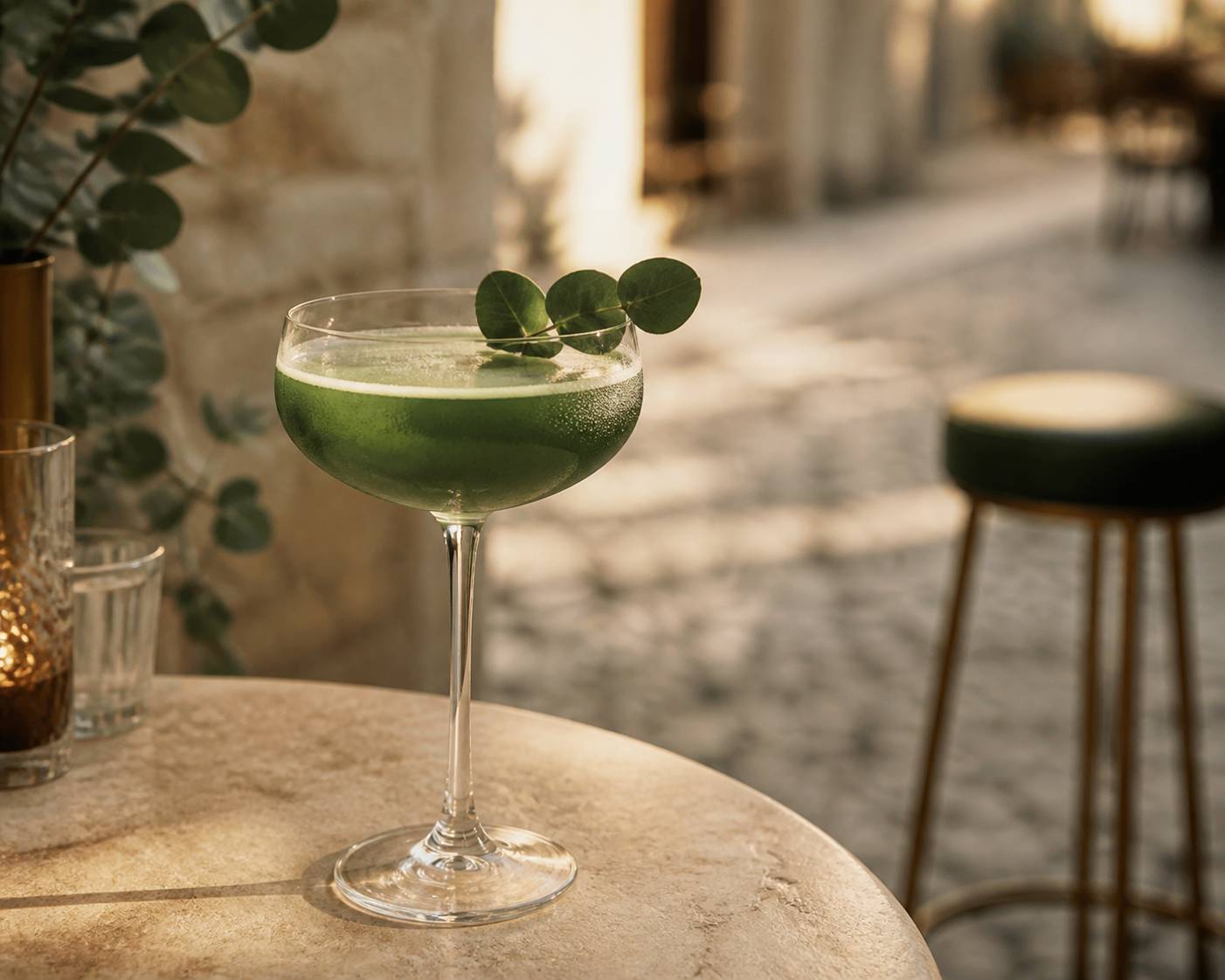 Verre de cocktail sur une table en pierre avec une rue pavée floue en fond