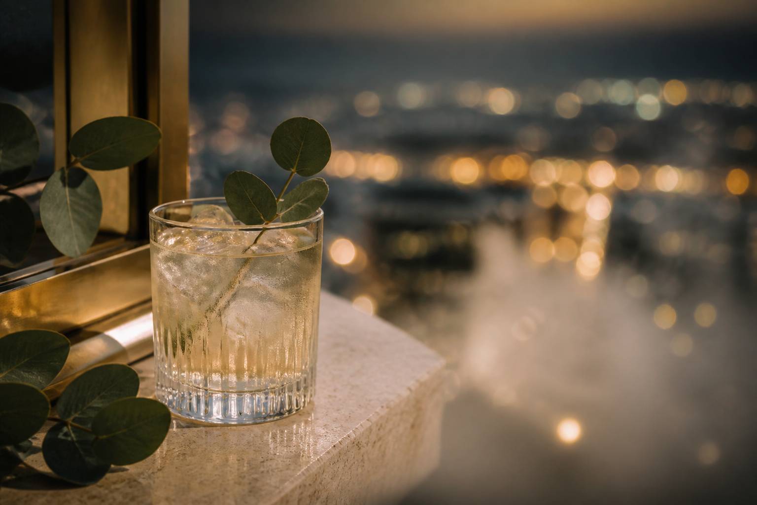 Verre de cocktail posé sur un rebord avec une vue panoramique de la ville en fond