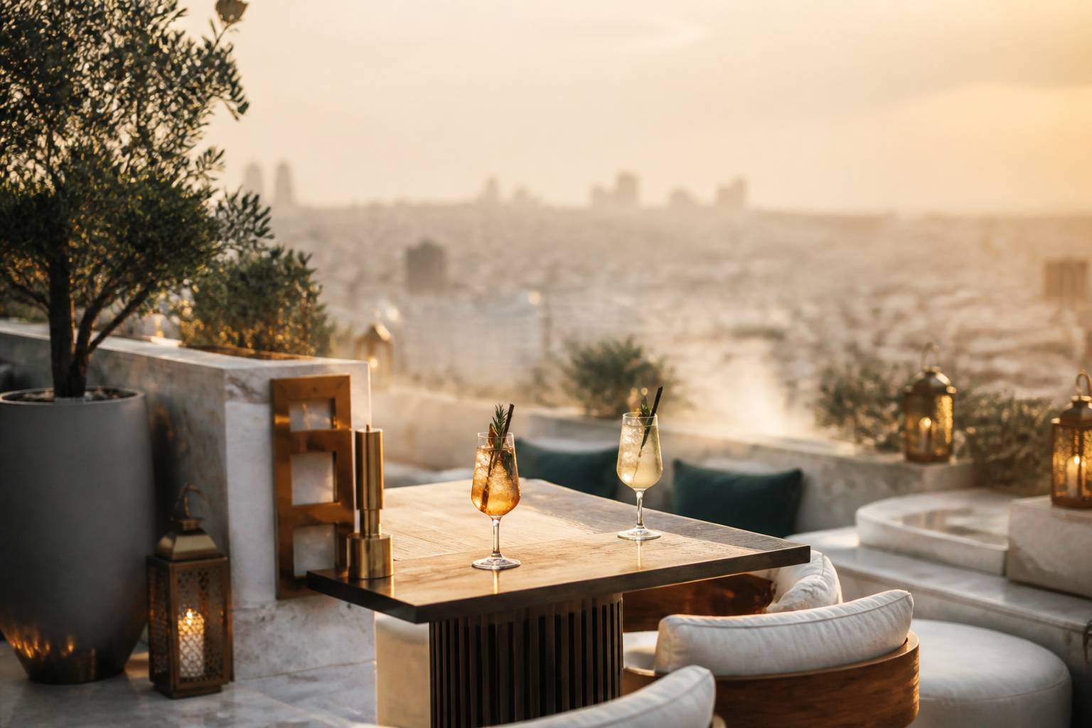 Verres de cocktail sur une table haute avec vue sur la ville au loin
