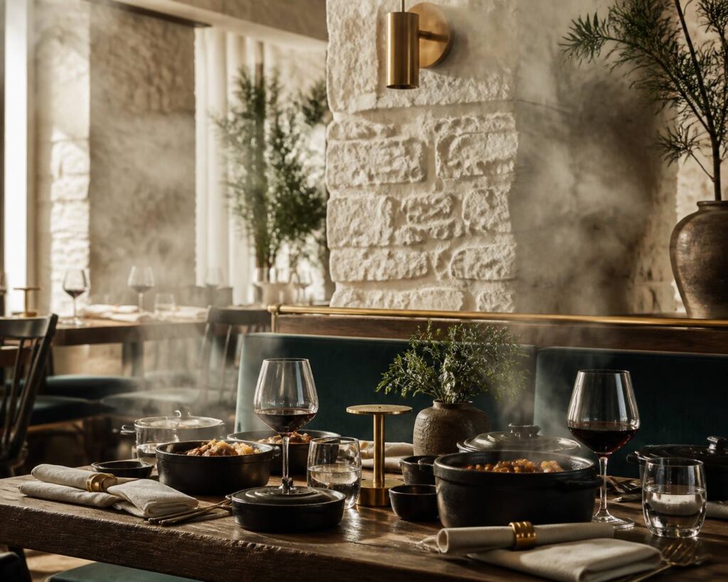 Cocottes en fonte servies sur une table de bistrot parisien avec des plats mijotés