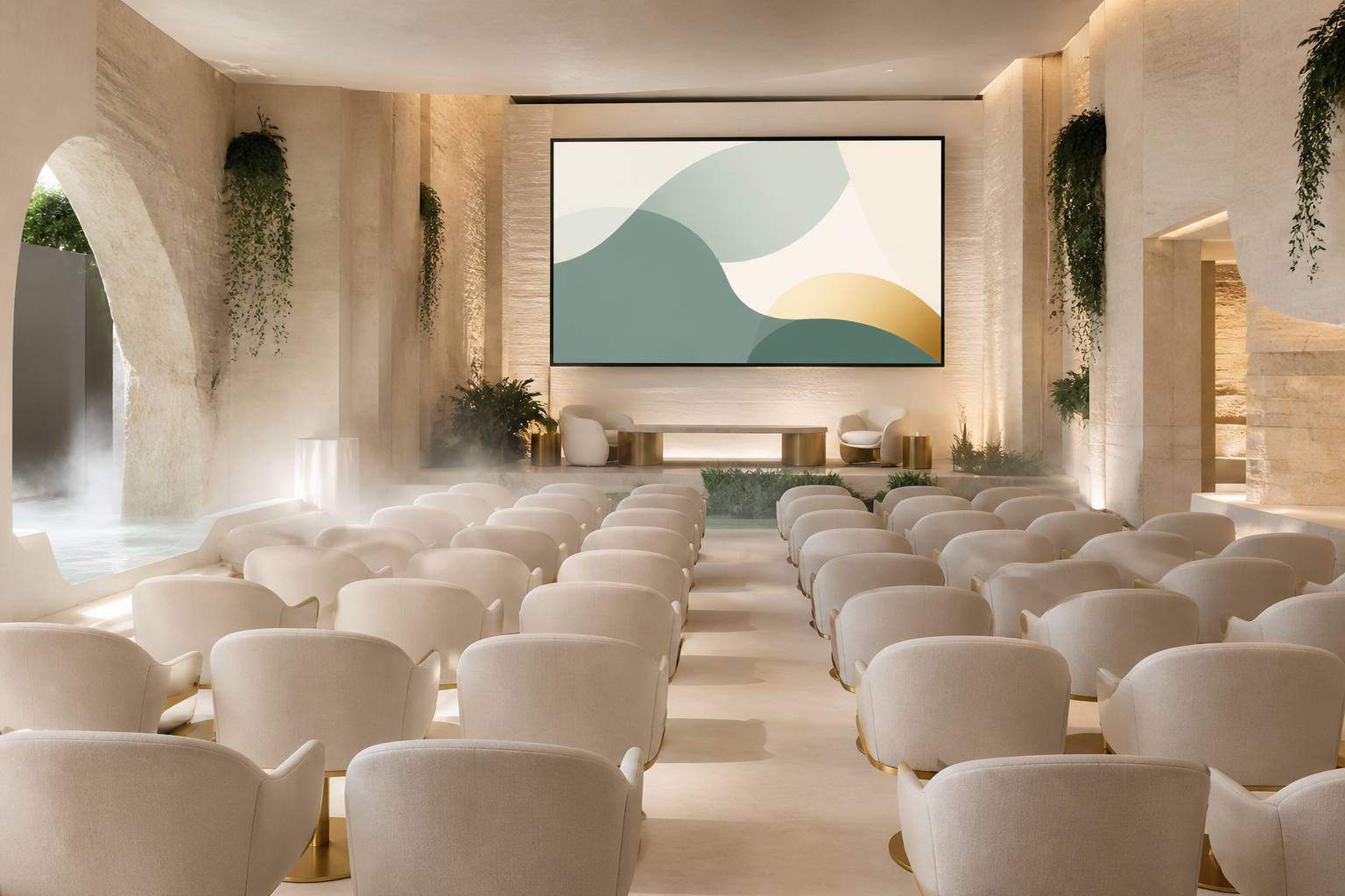 Salle de conférence avec écran lumineux et rangées de sièges