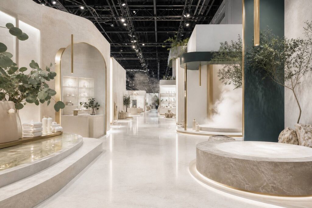 Allée de salon professionnel avec stands d'esthétique épurés