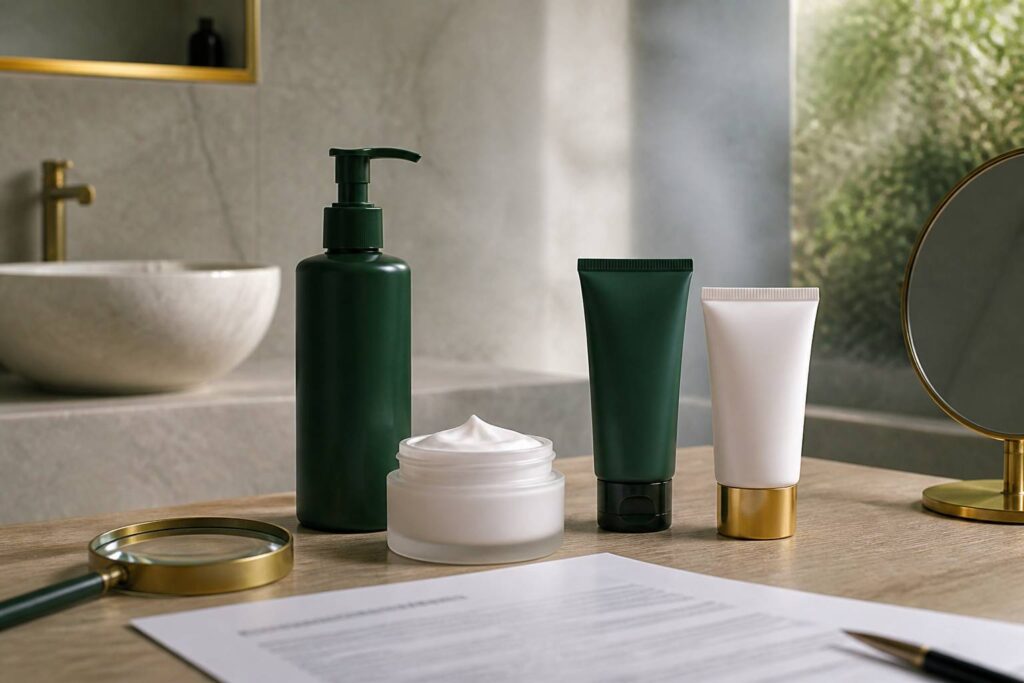 Routine de soins cosmétiques sans étiquettes sur une table en bois clair