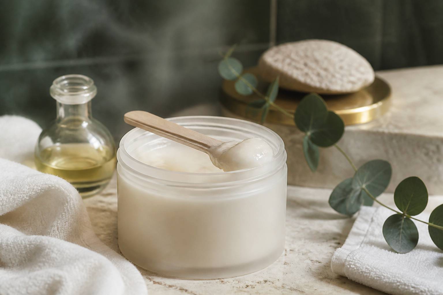 Pot de cire ouvert avec spatule en bois et serviette douce