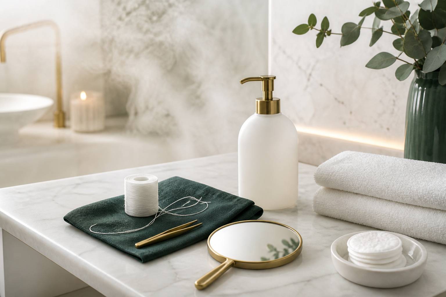 Matériel d'épilation au fil avec miroir, pince et cotons