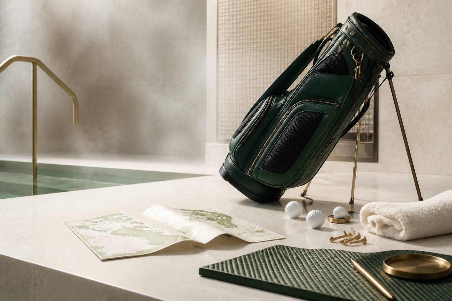 Équipement de golf — sac, balles, tees et plan de parcours — disposé sur une table claire