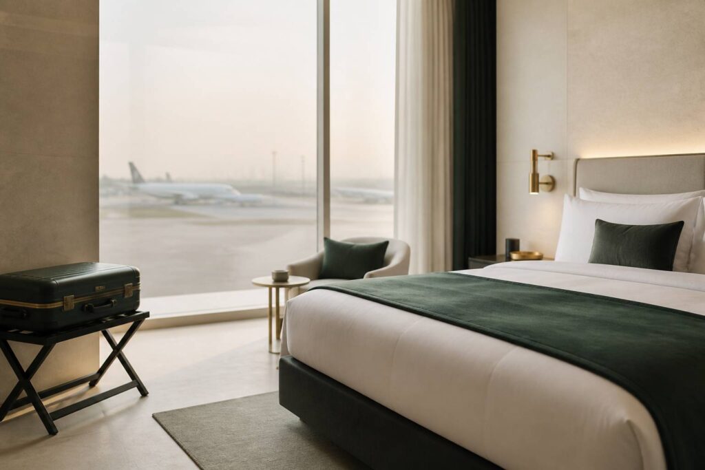 Chambre d'hôtel calme avec vue sur l'aéroport