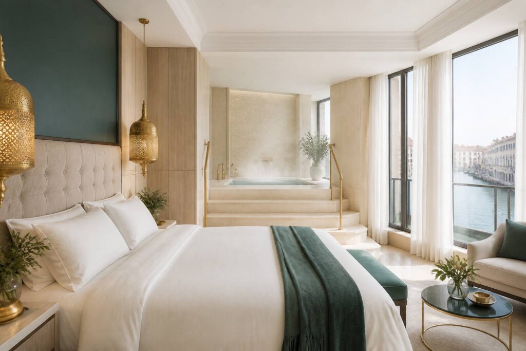 Chambre d'hôtel de luxe lumineuse avec vue sur un canal et literie impeccable