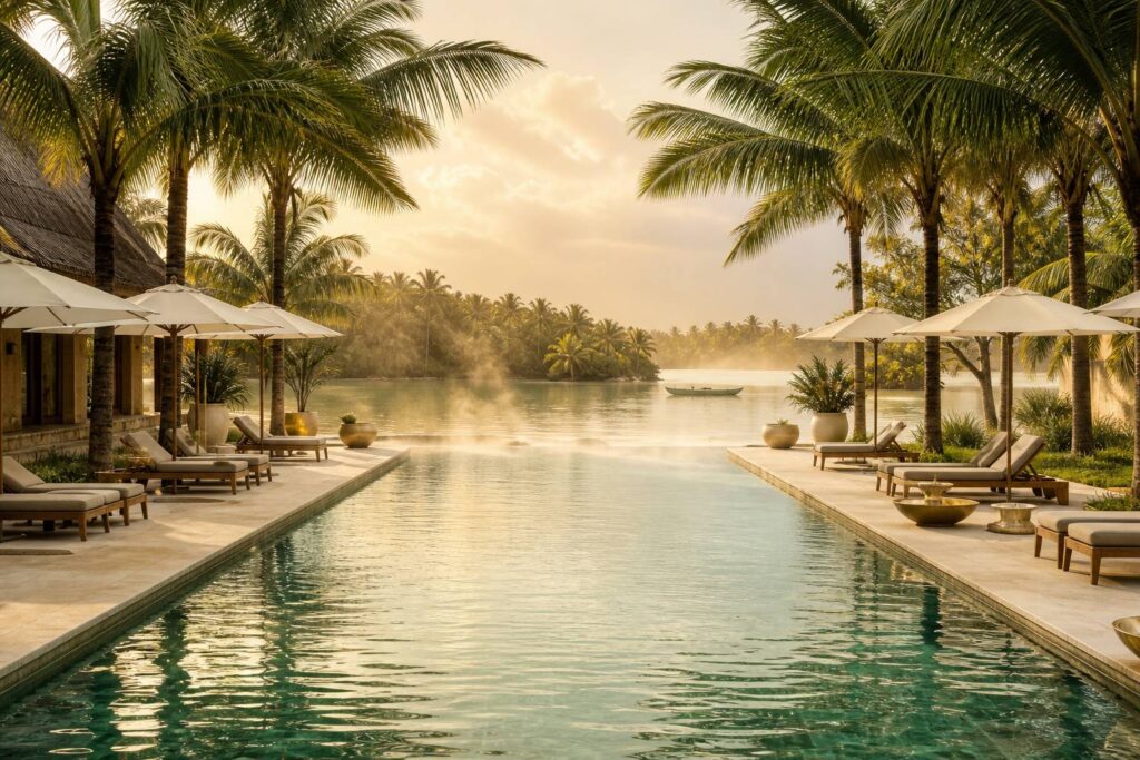 Piscine d'hôtel bordée de palmiers au bord d'une lagune