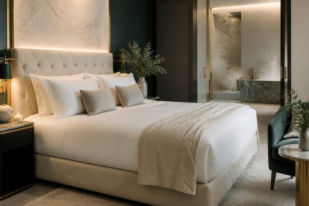 Lit d'hôtel avec surmatelas épais sous des draps blancs impeccables