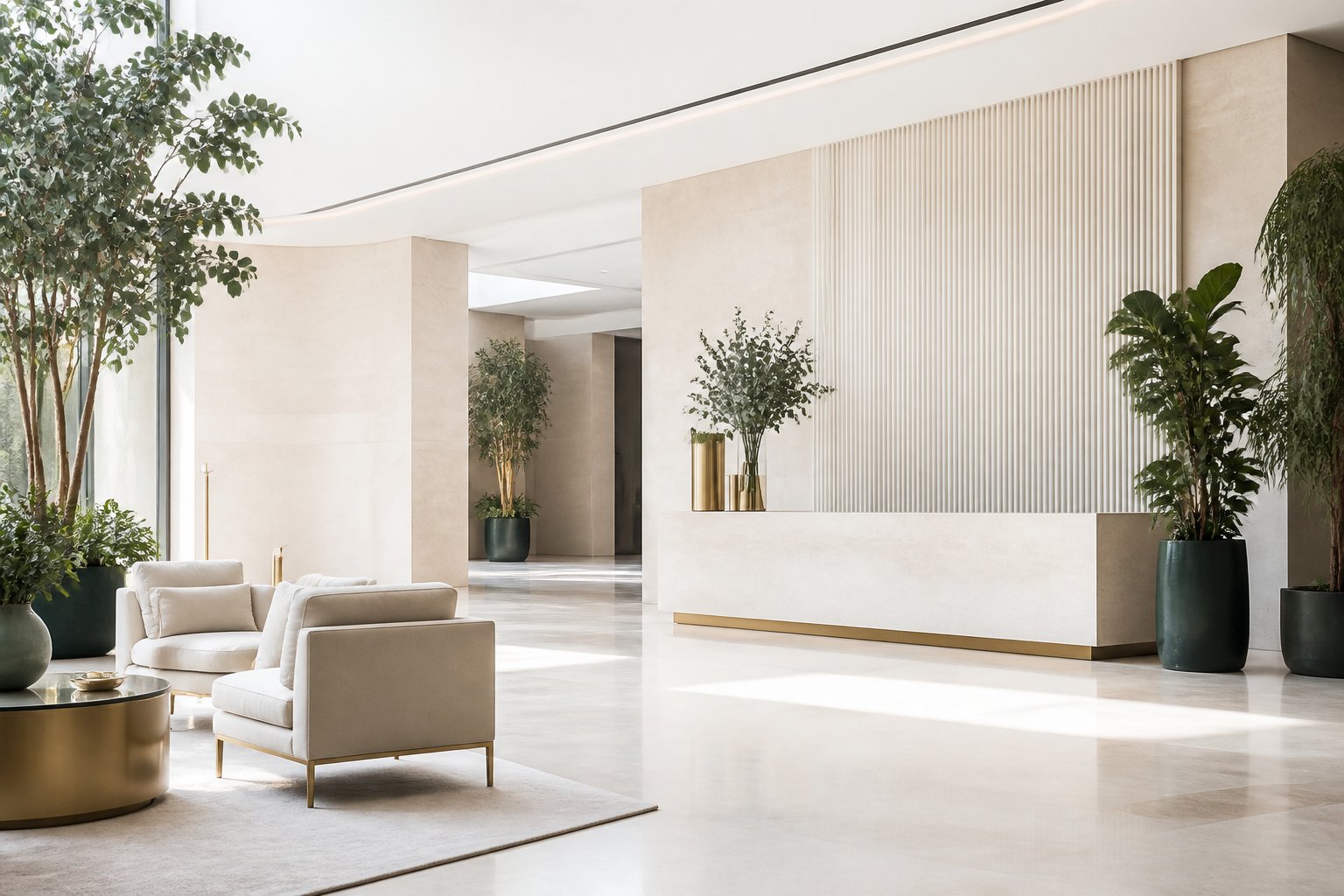 Lobby d'hôtel de luxe en pierre claire avec fauteuils en lin crème
