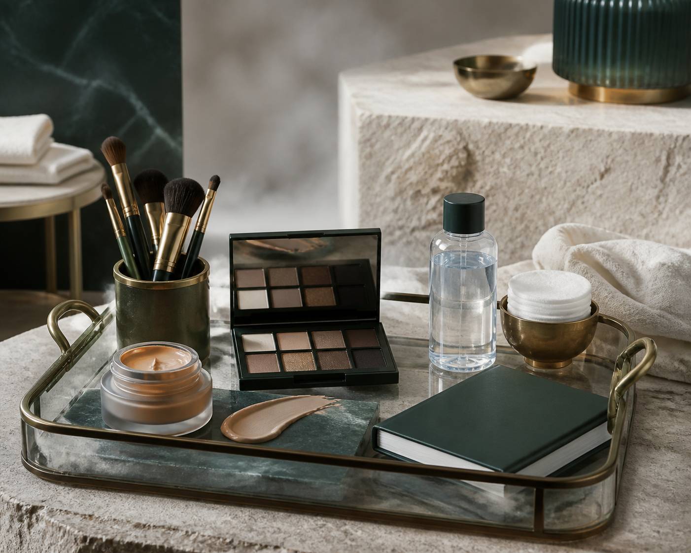 Nécessaire de maquillage avec pinceaux et fond de teint ouvert