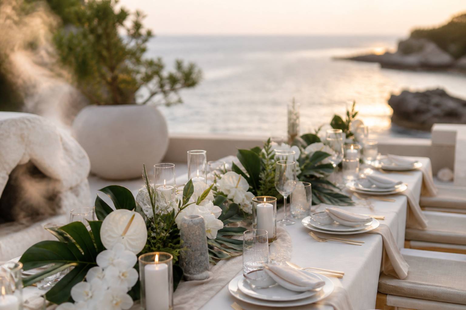 Table de mariage décorée de fleurs tropicales, bougies et couverts dorés face à la mer