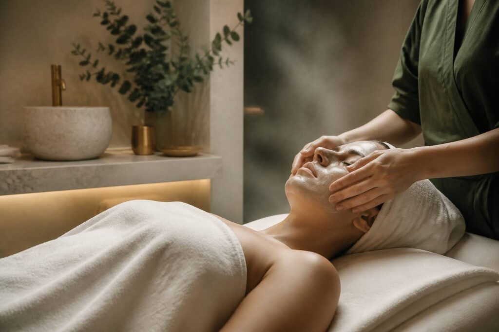 Séance de soin du visage avec mains de praticienne sur les joues