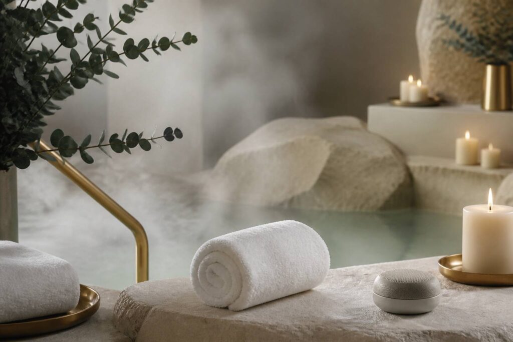 Espace spa apaisant avec pierres, bougies et vapeur légère