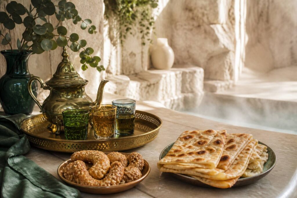 Table de petit-déjeuner marocain avec théière en laiton et pâtisseries