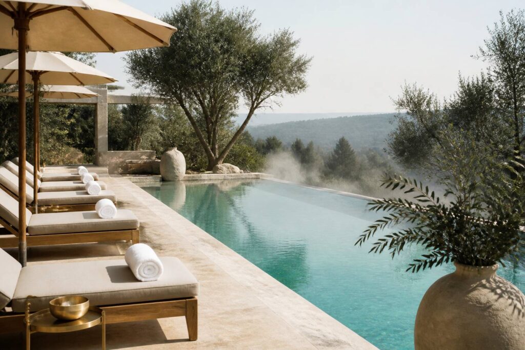 Piscine d'hôtel turquoise avec transats en bois et parasols en lin