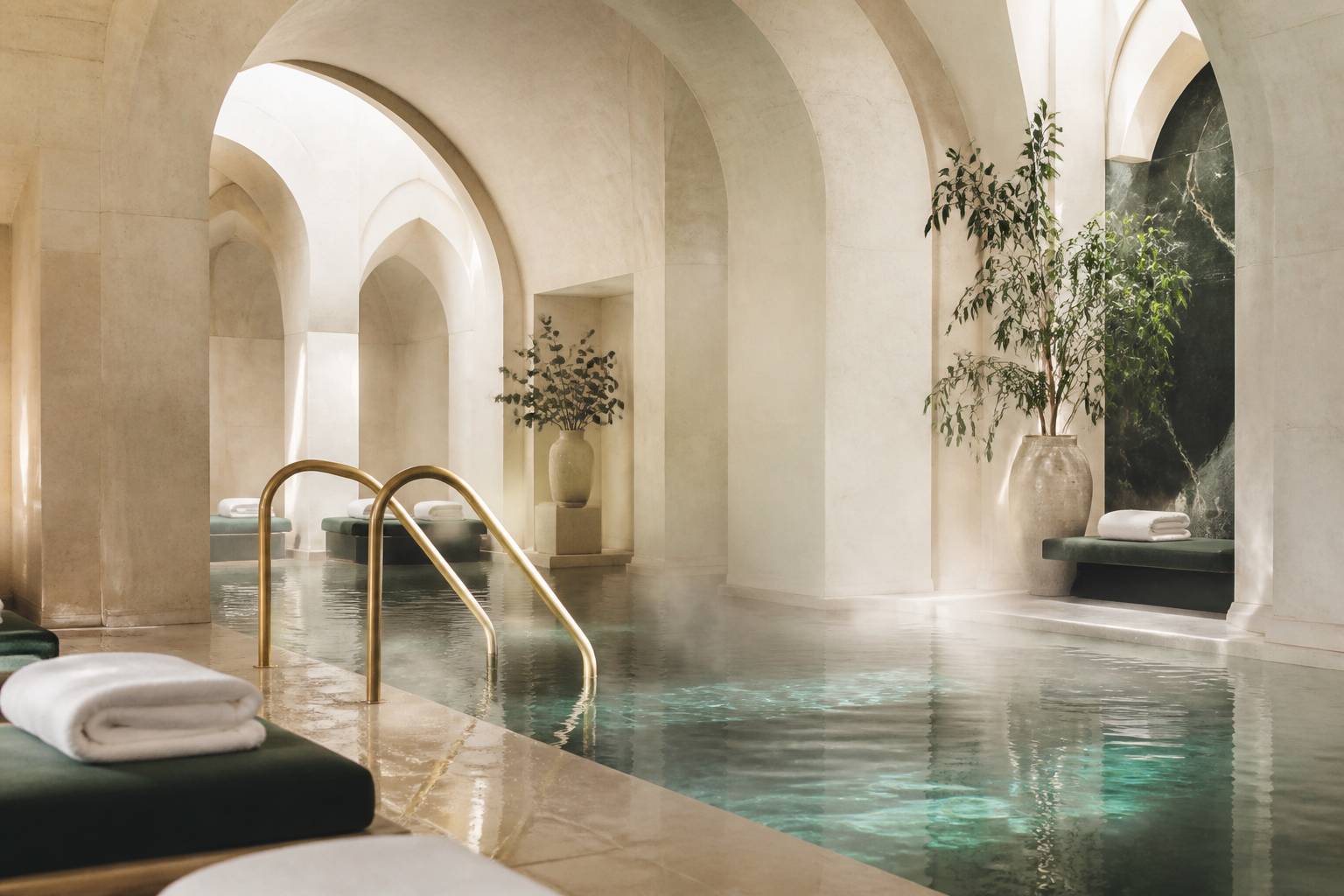Bord de piscine intérieure chauffée avec arches en pierre et serviettes blanches