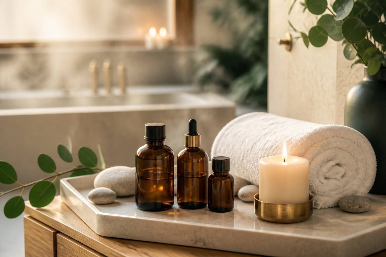 Plateau de soin avec huiles de massage et serviette roulée