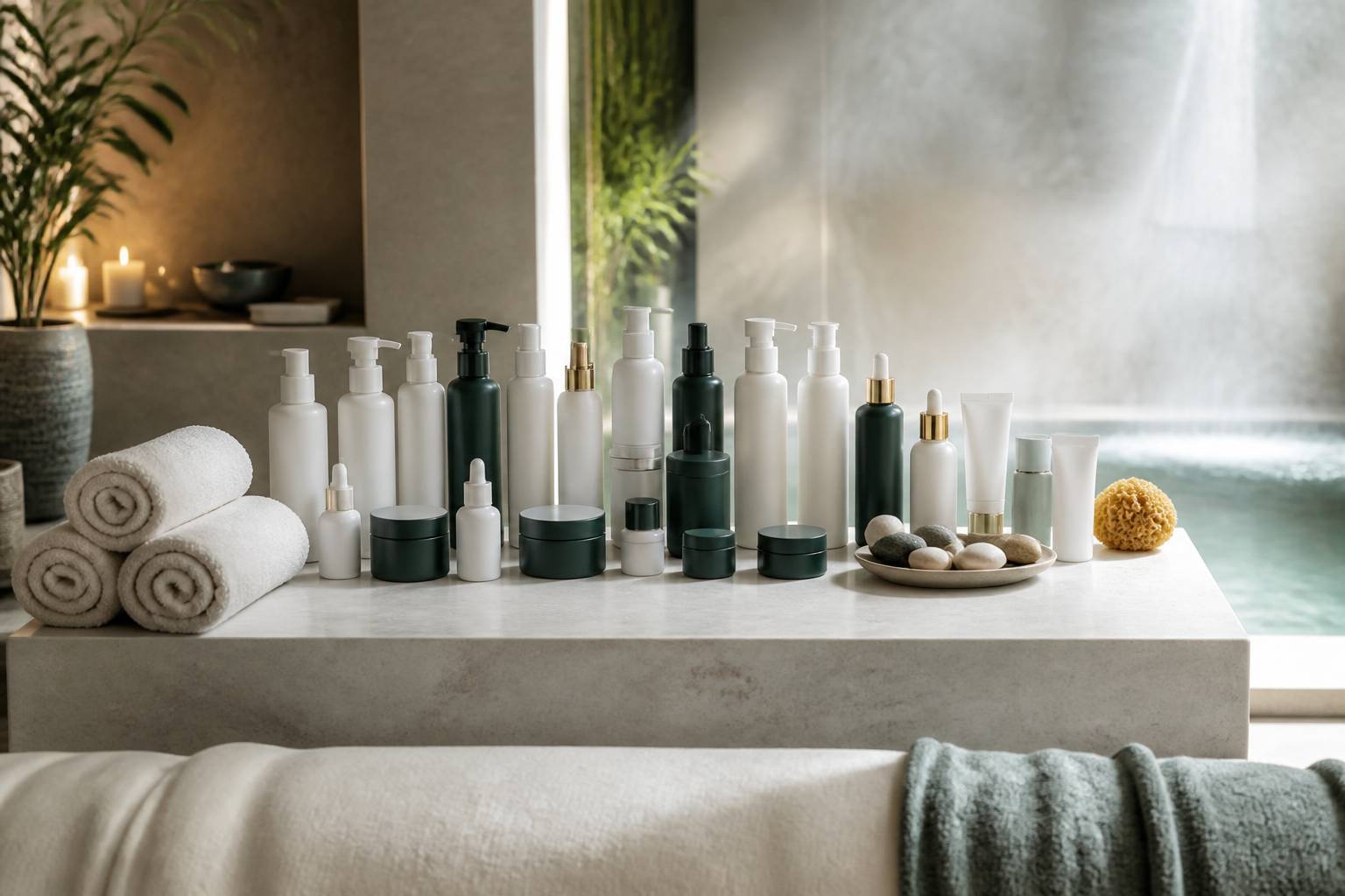 Flacons de produits cosmétiques alignés dans une cabine de soin