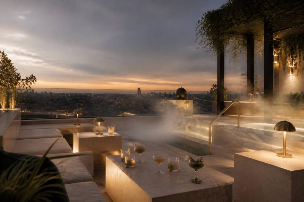 Terrasse de bar en hauteur avec une vue dégagée sur les toits d'une ville