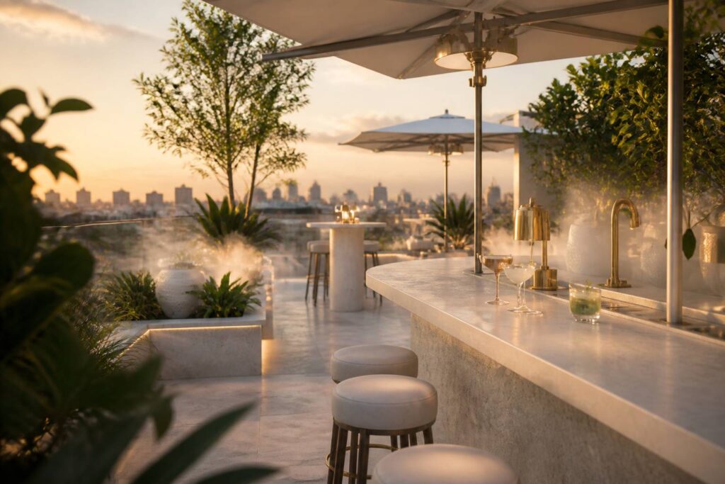 Terrasse rooftop avec vue panoramique sur la ville au coucher du soleil