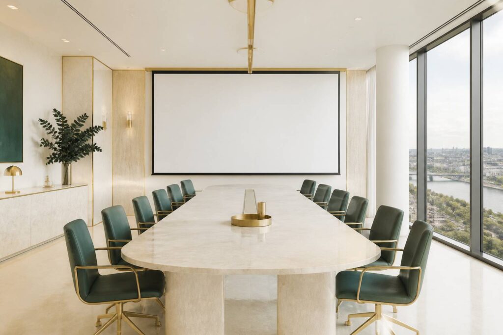 Salle de conférence moderne avec longue table et écran