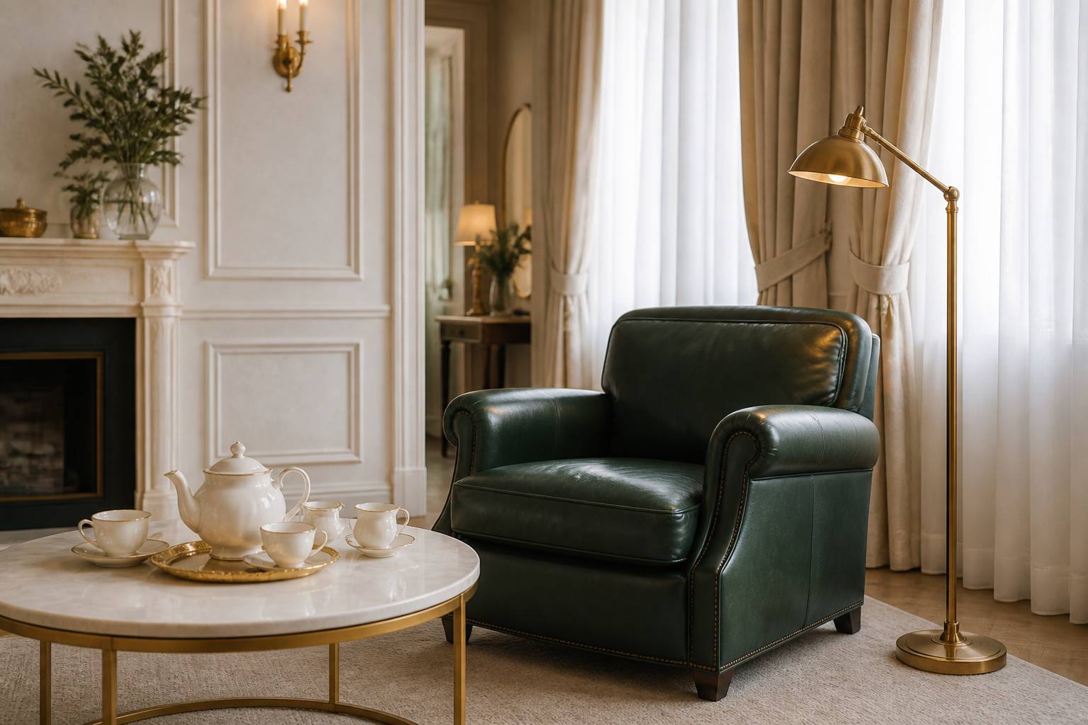 Coin salon d'hôtel avec fauteuil club et service à thé anglais