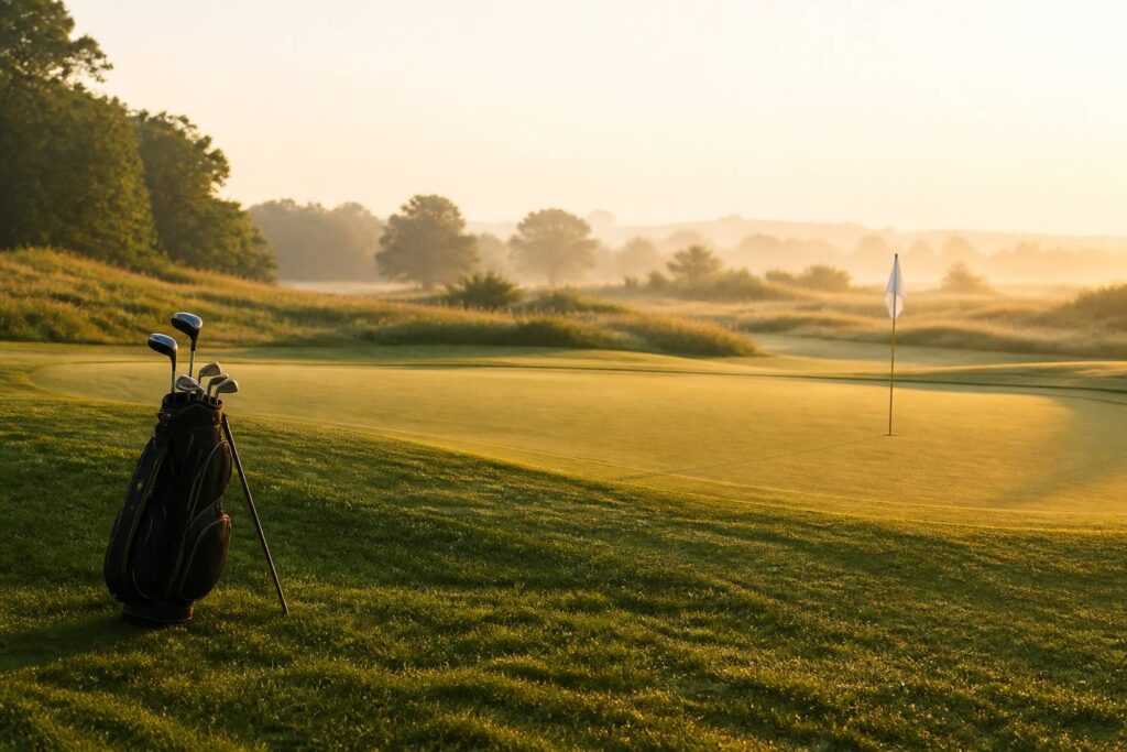 Green de golf au petit matin avec sac de clubs et drapeau, ambiance paisible et minérale