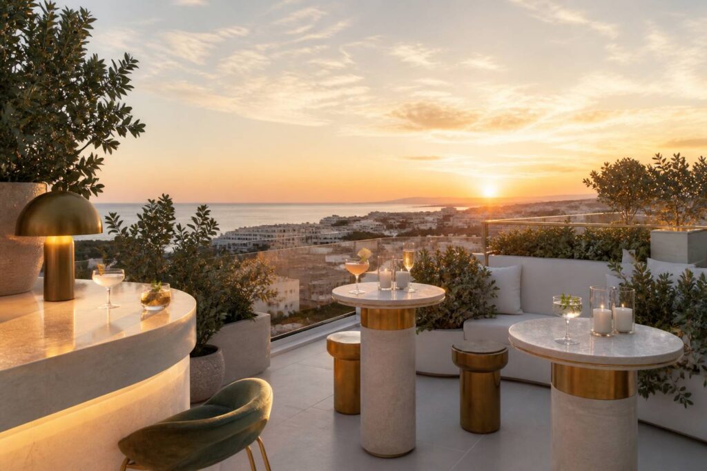 Rooftop bar de Barcelone au coucher du soleil avec cocktails et vue panoramique