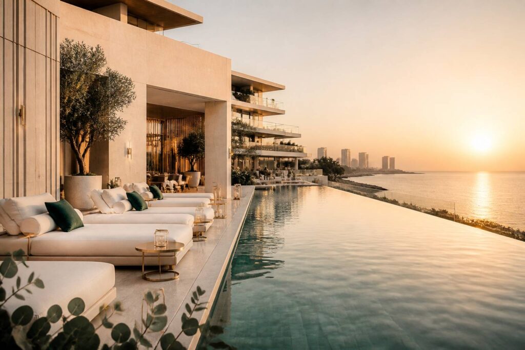 Hôtel de luxe en bord de mer avec piscine à débordement au coucher du soleil