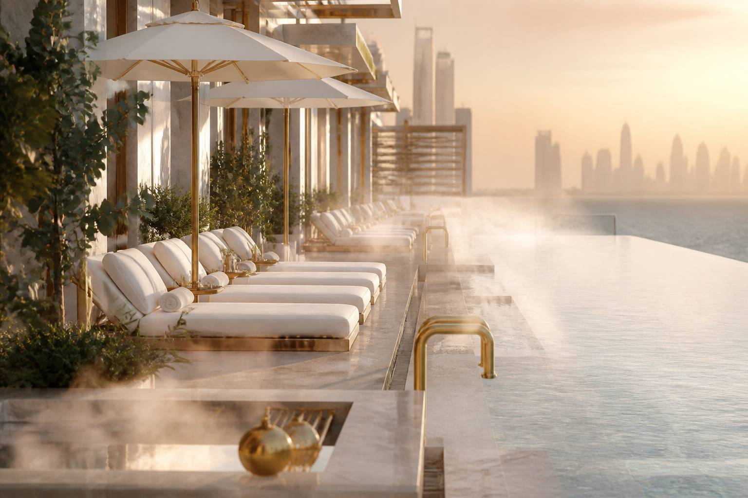 Piscine à débordement d'hôtel de luxe face à la mer au coucher du soleil