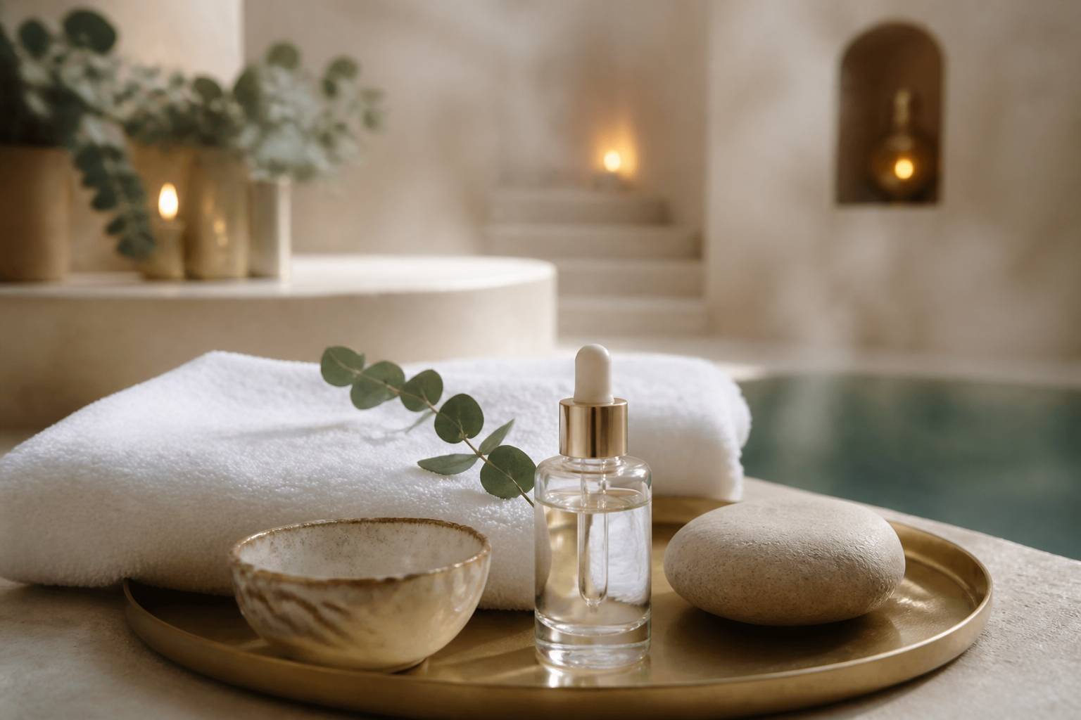 Plateau laiton avec flacon de sérum, serviette et pierre chaude de spa