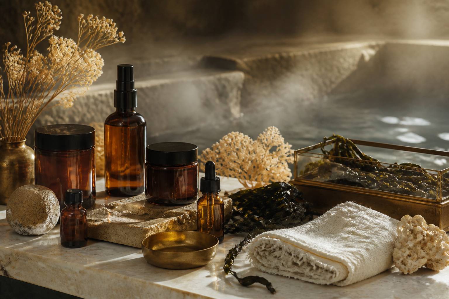 Composition de soins cosmétiques en flacons de verre sur une table en pierre