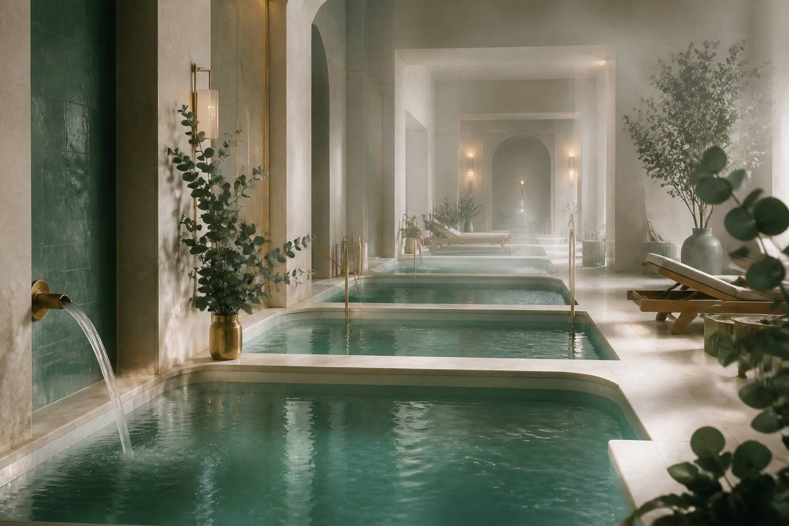 Enfilade de bassins d'eau turquoise avec margelles en pierre claire