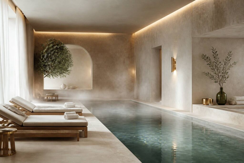 Piscine intérieure de spa en pierre claire avec des transats