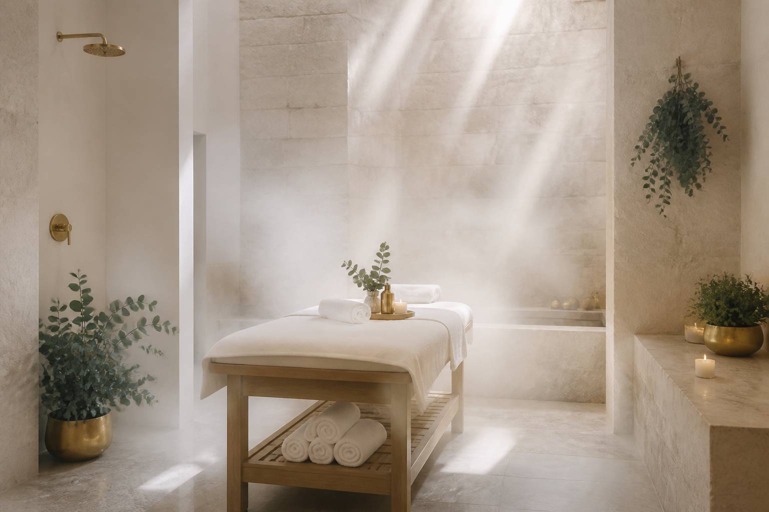 Cabine de soin spa avec table de massage en bois clair et serviettes