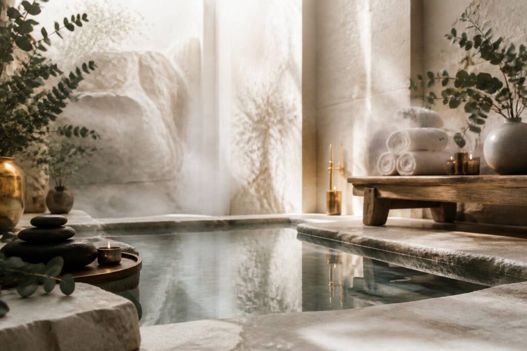 Espace spa minéral avec bassin d'eau calme et serviettes blanches