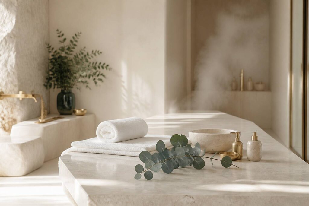 Cabine de spa minérale avec table en pierre, serviettes blanches et eucalyptus